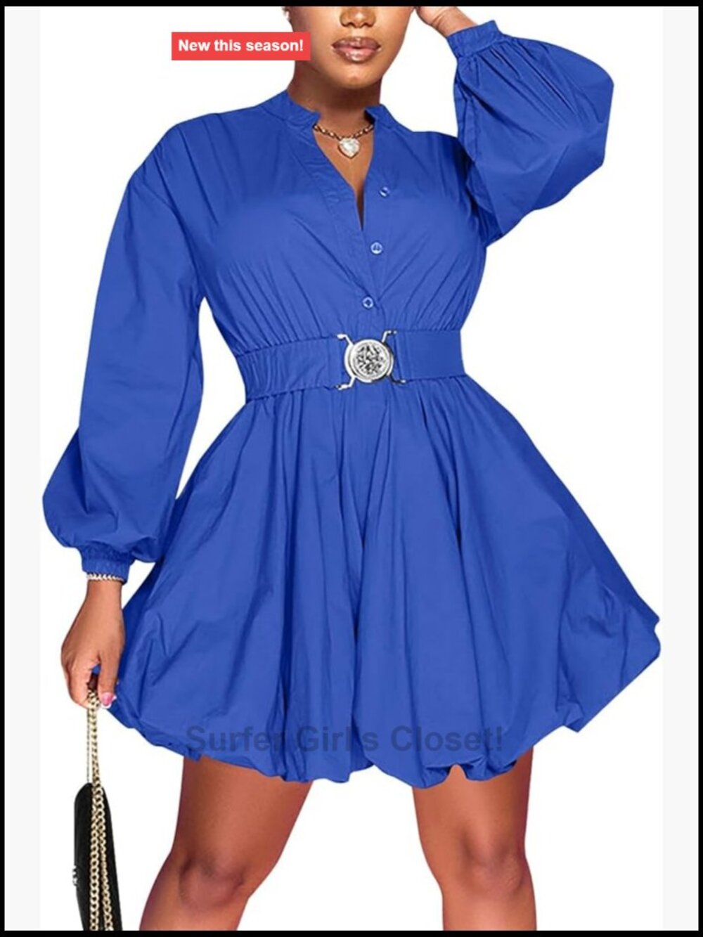Button Down Shirt Dress Long Sleeve A-Line Mini Puffy Dress with Belt